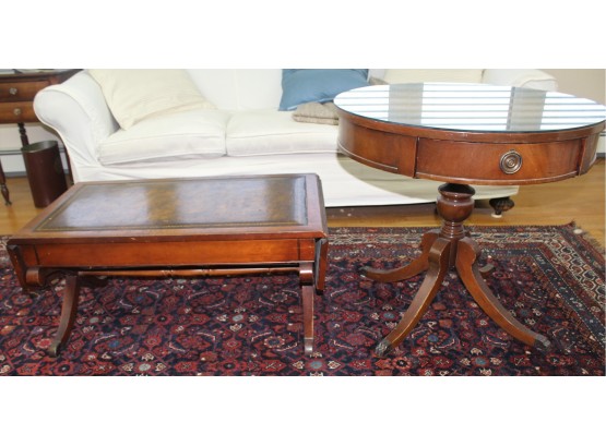 Mahogany Leather Top Coffee Table & Drum Table