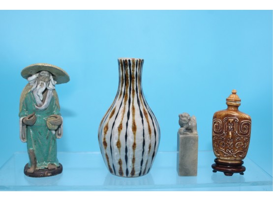 Asian Decorative Pieces- Mudman, Japanese, Soapstone, And Snuff Bottle -shippable