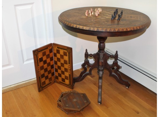 Very Unique And Rare Antique Tilt Top Game Table With Chess Pieces And Extra Board- Inlaid