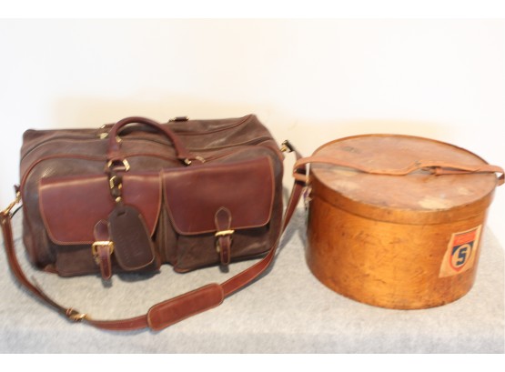 Vintage Wooden Hat Box & Leather Bag