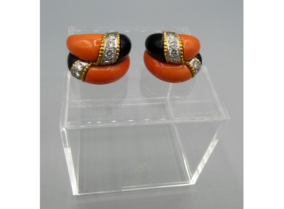 Stunning Coral And Onyx 14k Gold Earrings *Shippable*