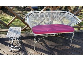 Wrought Iron Bench With Cushion And Side Table