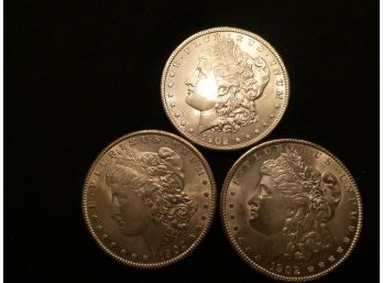 Three Silver 1902-o Morgan Dollars Nice Condition
