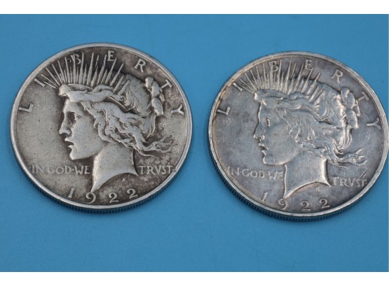 Two 1922- D Mint Mark Silver Peace Dollars