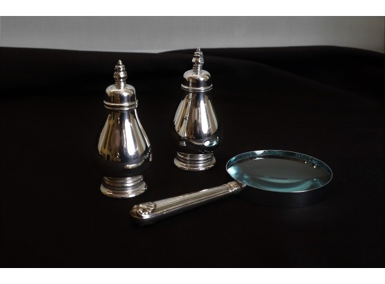 Sterling Royal Danish Salt & Pepper & Sterling Magnifying Glass  -  Shippable