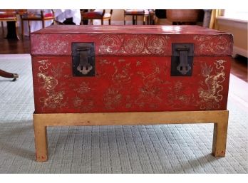Gilt Decorated Chinese Red Leather Trunk -32' W X 22' H Nice Size!!!