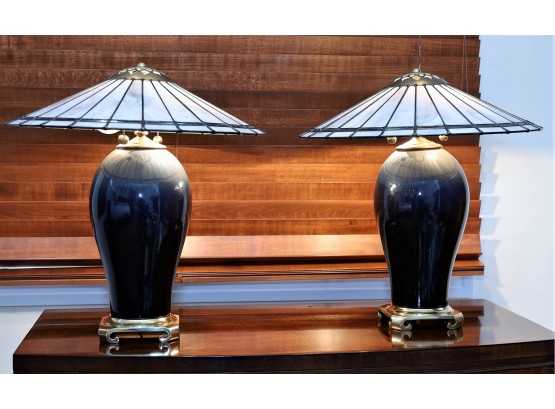Pair Of Lamps With Stained Glass Shades
