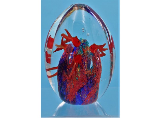 Murano Style (no Label Or Signature) Aquarium Paperweight. Vivid Colors Of Cobalt Blue And Red Inside. Egg Sha