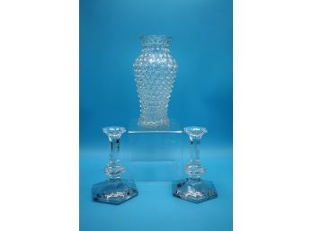 Vintage Hobnail Vase & Crystal Candlesticks- Shippable