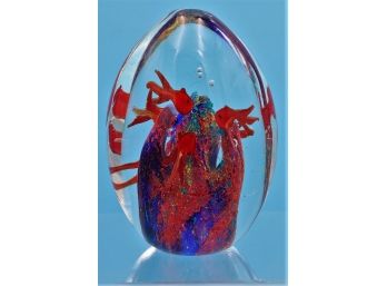 Murano Style (no Label Or Signature) Aquarium Paperweight. Vivid Colors Of Cobalt Blue And Red Inside. Egg Sha