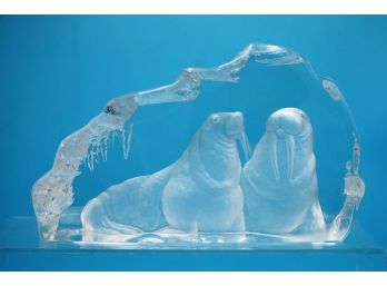 Exquisite Iceberg Sculpture Of 2 Walruses- Shippable