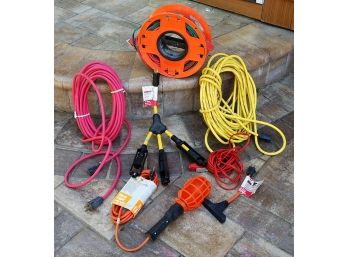 7 Piece Lot Of Extension Cords, Light & More