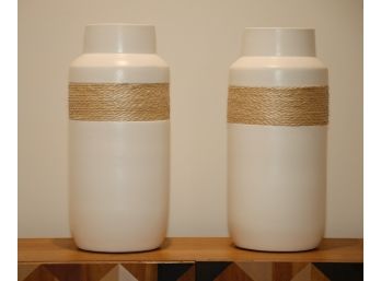 Pair White And Rope Vases 16'H