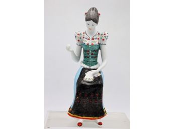 Vintage Holohaza Figurine Young Girl Sewing Hungary Porcelain