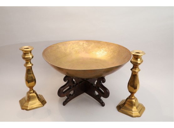 Chinese Large Brass Bowl With Stand & Candlesticks