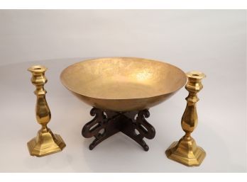 Chinese Large Brass Bowl With Stand & Candlesticks
