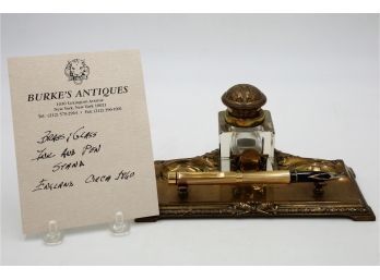 Antique Brass & Glass Ink & Pen Stand-Shippable