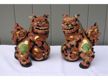 Vintage Pair Of Hand-painted SATSUMA Moriage Foo Dogs