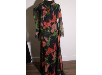 Black Floral Chiffon Dress & Scarf-Shippable