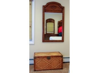 Wood Mirror & Woven Rattan Chest With Meatal Accents