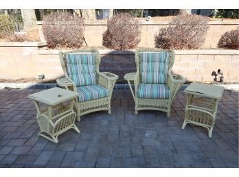 Pair Of Rattan Chairs And 2 Snack Tables - Ready For Spring!