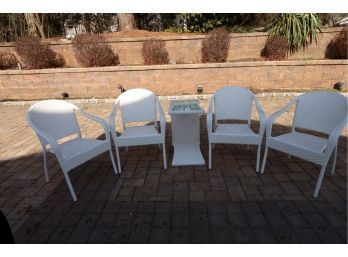 FRONTGATE Caf Curved Back Stacking Chairs, Set Of Four With Slider Table In White
