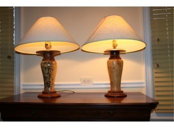 Pair Of Wood Crafted Lamps Signed
