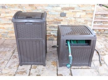 Suncast 33 Gallon Hideaway Can Resin Outdoor Trash With Lid  & Suncast Retractable Free Standing Hideaway Hose