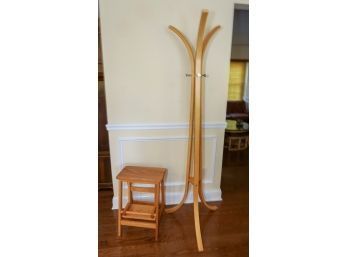 Wooden Coat Rack And Wooden Stool