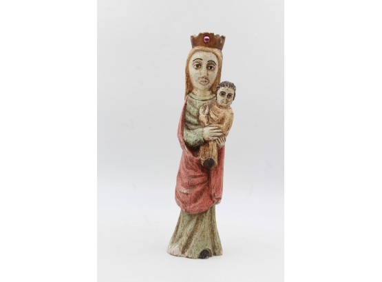Polychrome Painted Walnut Statue Holding The Holy Child