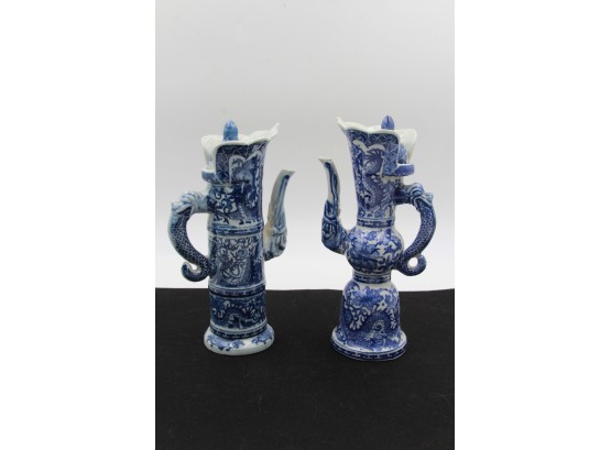 Asian Antique Blue And White Glazed Wine Jugs