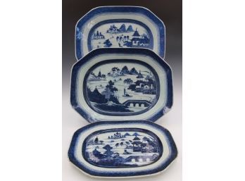 Three Chinese Blue And White Export Platters.
