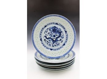 8 Antique Rice Gain Blue And White Dragon Plates With Character Markings