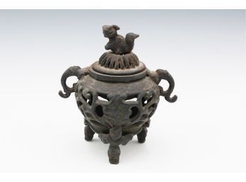 Cast Iron Antique Tri Leg Incense Burner- Shippable With Foo Dog On Top