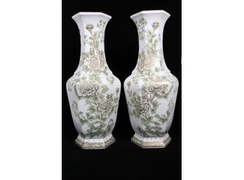 Large 16' Pair Asian Hexagonal Porcelain Vases