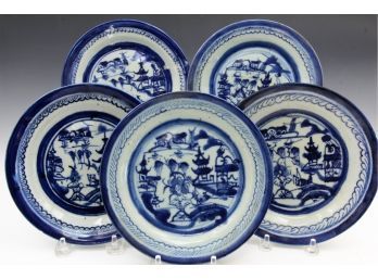 5 Early Canton Chinese Blue And White Glaze Plates