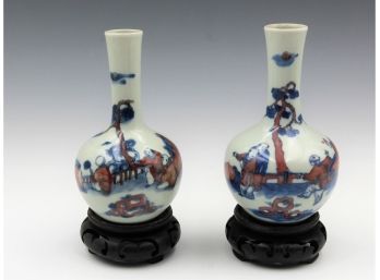 Lovely Pair Of Chinese  Vases With Wooden Stands-6 Character Markings In Blue
