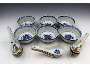 Large Chinese  Collection Of Rice Bowls, Soup Spoons Ladles