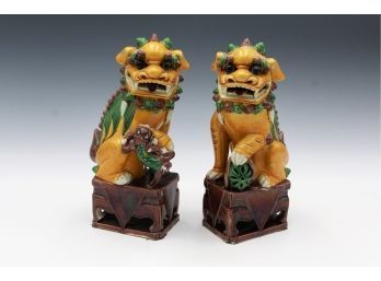 Early 20th C Pair Of Chinese Yellow Glazed Porcelain Foo Dogs