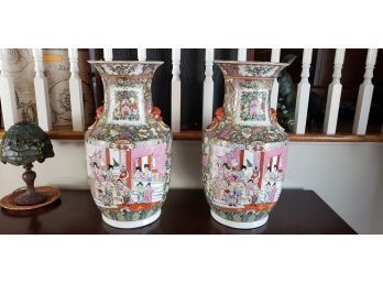 Pair Of Chinese Vintage Rose Canton Vases -  Da Qing Tongzhi Nian Zhi