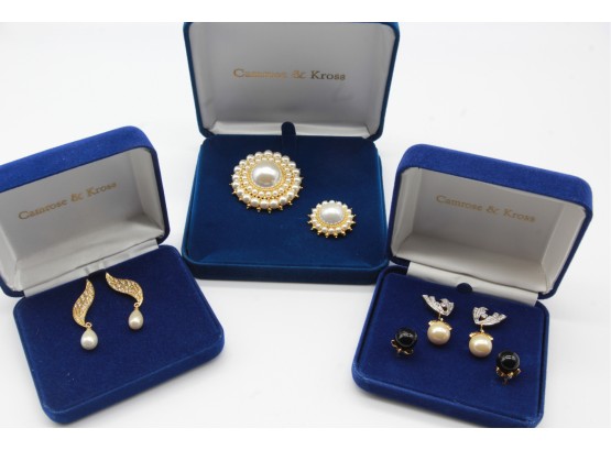 Jacqueline KENNEDY Jackie K. Goldtone Leaf W. Pearl Earrings & Earrings BlackWhite Pearl & 2 Pearl Pins-Shippa