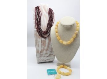 Jay King Mine Finds Cranberry Toursade & Yellow Stone Necklace, Earrings, And Bracelet -Shippable
