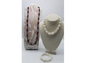 White Beads, Necklace, Earrings, And Bracelet 7 Cranberry Beads-Shippable