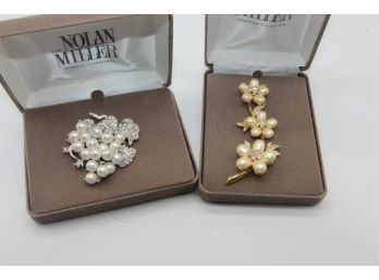Nolan Miller Flower Pin & White Pearls Grape Pin-Shippable