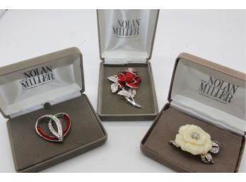 White Lara Camella Pin & RedWhite Double Heart Pin & Nolan Miller Red Rose -Shippable