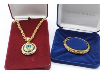 Jacqueline KENNEDY Gold Bangle Bracelet & Reversible Gold And Blue Pendant With Chain-Shippable