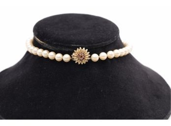 Pearls With 14k Flower Clasp With Garnets-Shippable