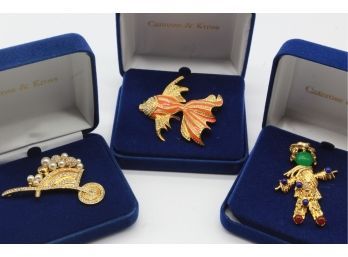 Jacqueline KENNEDY Trolley Brooch & Jackie K. Scarecrow & Enamel Fantail Fish Pin-Shippable