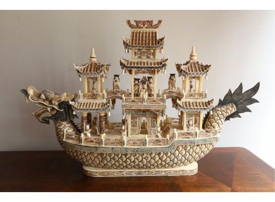 Vintage Chinese Carved Bone And Polychrome Dragon Ship With Immortals