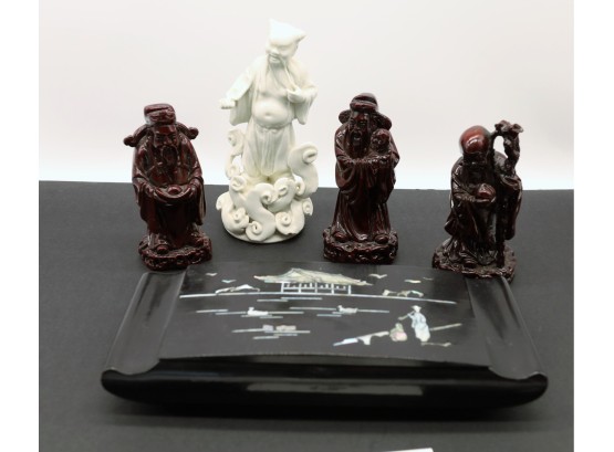 Four Assorted  Chinese Statues & Lacquer Mother Of Pearl Box -SHIPPABLE